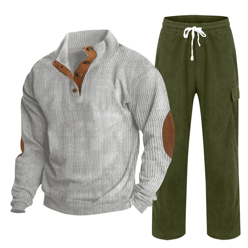 Herren nan Strick-Freizeitset mit Knopfleiste und Ellenbogenaufnähern sowie Cord-Cargohose EB