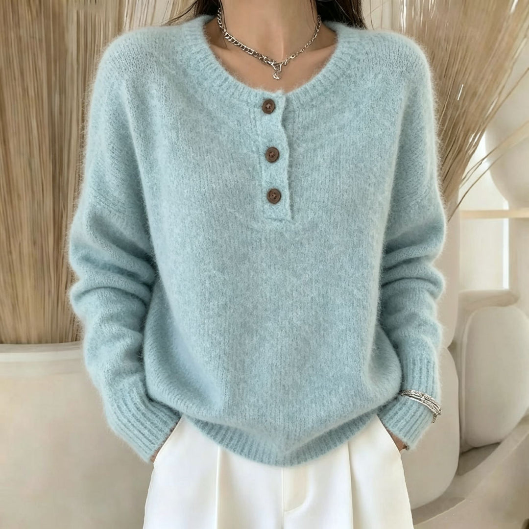 Damen Kuscheliger Rundhals-Henley-Pullover mit Knopfleiste und Raglanärmeln EB