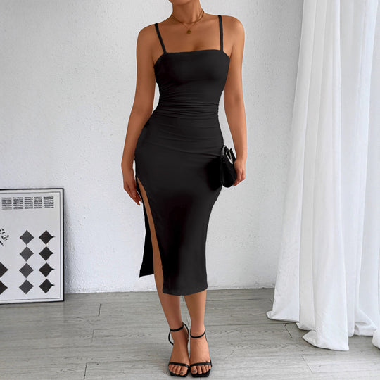Damen figurbetontes Midi-Kleid mit schulterfreien Trägern und tiefem Schlitz EB