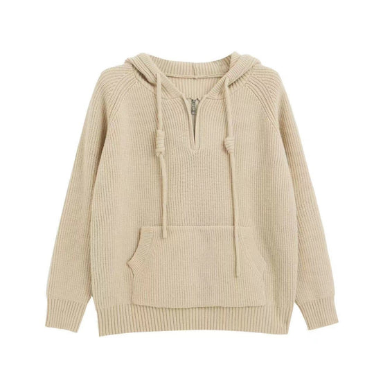 Damen Oversized Strickpullover mit Kapuze und praktischen Reißverschlusstaschen EB