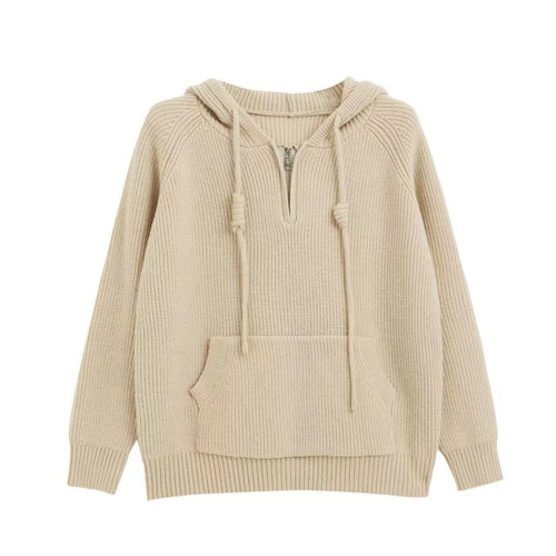 Damen Oversized Strickpullover mit Kapuze und praktischen Reißverschlusstaschen EB