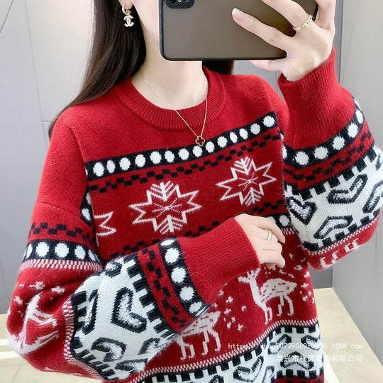 Damen Grobstrickpullover mit festlichem Rentiermotiv und modernem Design EB