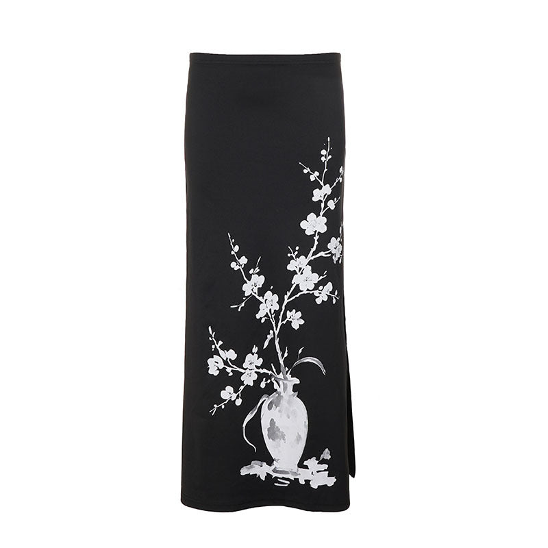 Damen nan ausgestellter Maxi-Rock mit A-Linien-Schnitt, elastischem Bund und floraler Aquarell-Vasen-Print EB