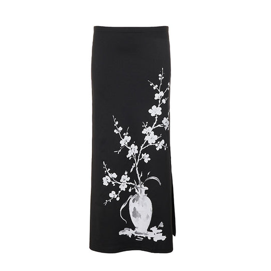 Damen nan ausgestellter Maxi-Rock mit A-Linien-Schnitt, elastischem Bund und floraler Aquarell-Vasen-Print EB