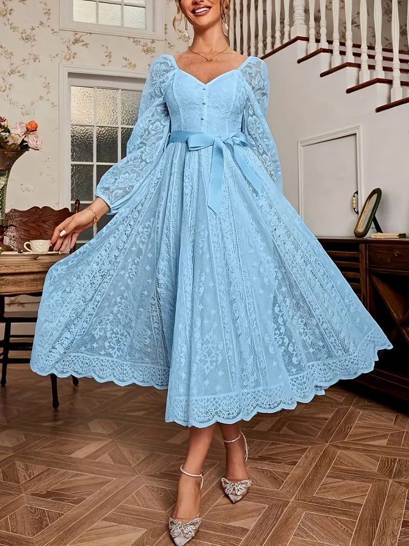 Damen Elegantes Spitze Midi-Kleid mit puffärmel und Taillenbindung EB