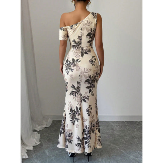 Damen Maxikleid mit asymmetrischem Ausschnitt und floralen Mustern EB