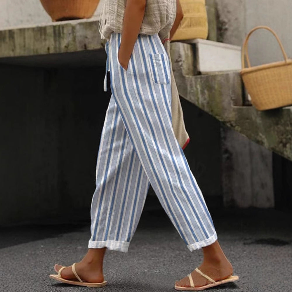 Damen Weite Leinenhose mit handgewebtem Muster EB
