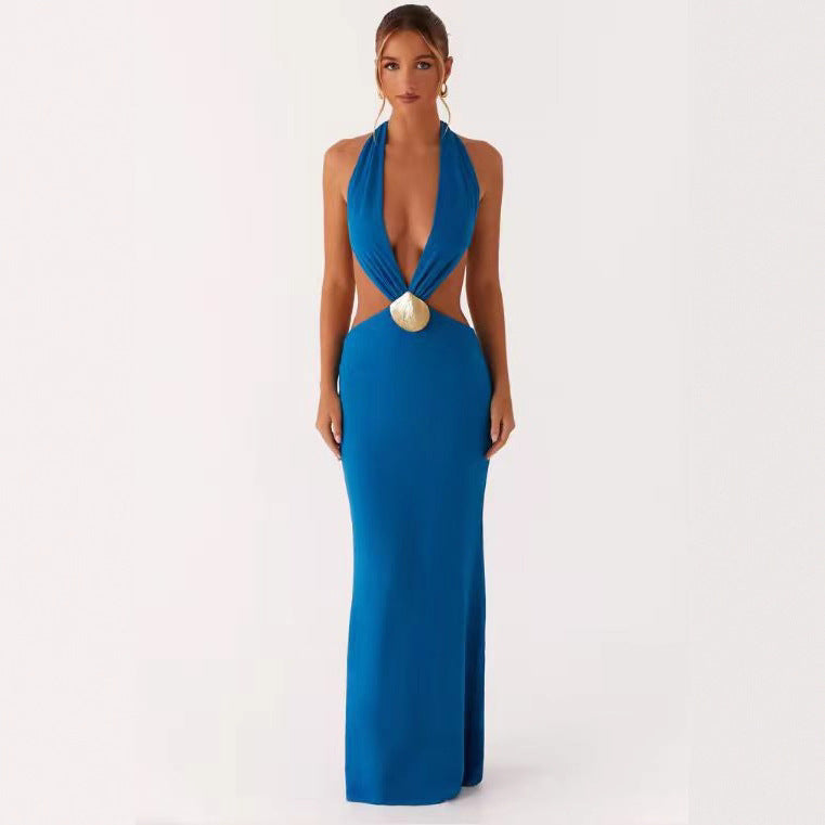 Damen Glamouröses Maxikleid mit tiefem V-Ausschnitt und seitlichen Cut-Outs EB