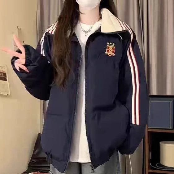 Damen Sportliche Pufferjacke mit kontrastierenden Streifen und hohem Kragen EB