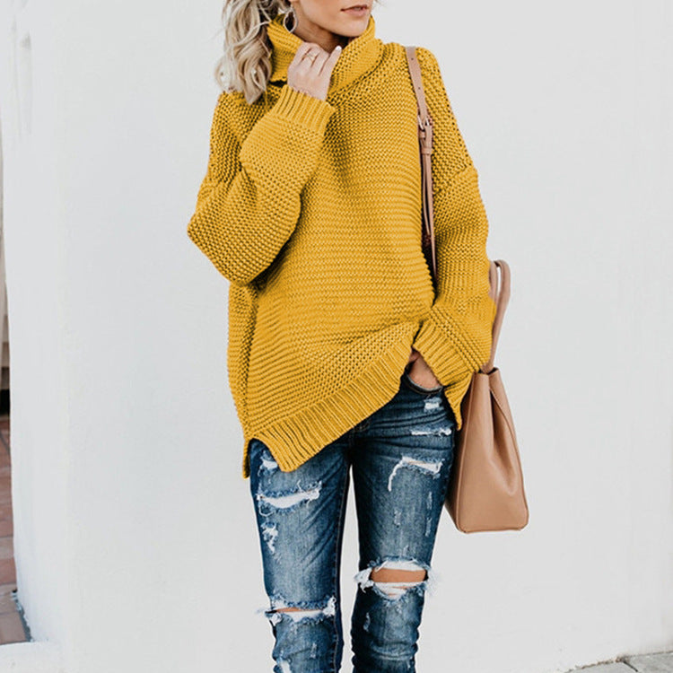 Damen gemusterter Strickpullover mit hohem Kragen und lockerer Passform EB