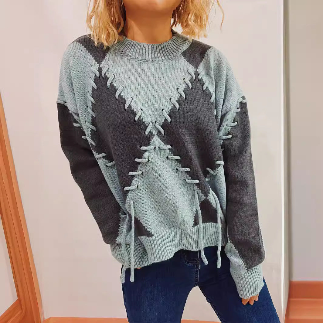 Damen gemütlicher Strickpullover mit auffälligem Design und modernen Schnürdetails EB