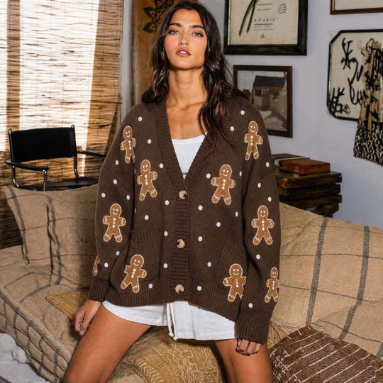 Damen nan oversized Strickcardigan mit Lebkuchenstickerei und tiefem V-Ausschnitt EB