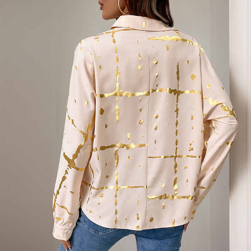 Damen Elegante Langarm-Bluse mit Gold-Folienprint, Hemdkragen und lockerem Schnitt EB