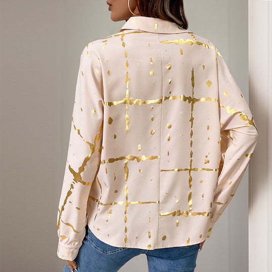 Damen Elegante Langarm-Bluse mit Gold-Folienprint, Hemdkragen und lockerem Schnitt EB