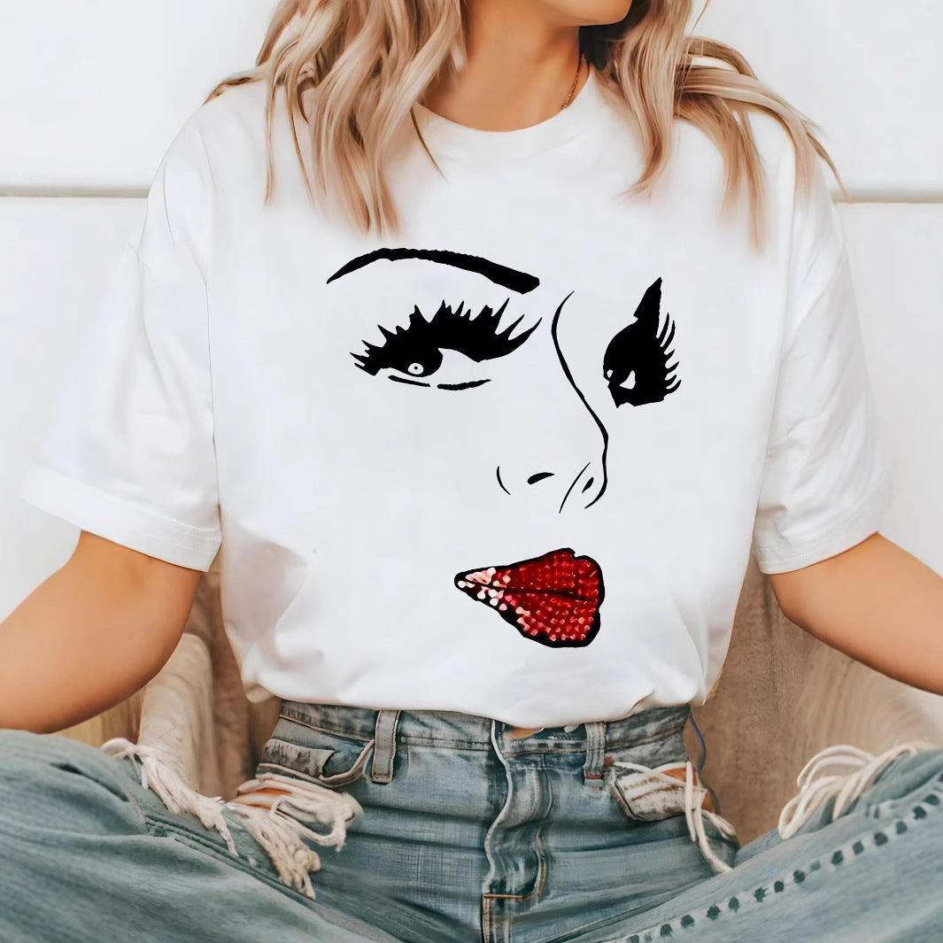 Damen T-Shirt mit kreativem Grafikdruck und luxuriösen Paillettenakzenten EB