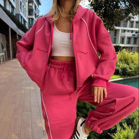 Damen nan kurzes Zip-Hoodie und Highwaist Jogginghose Set mit elastischem Komfortbund und seitlicher Paspel EB