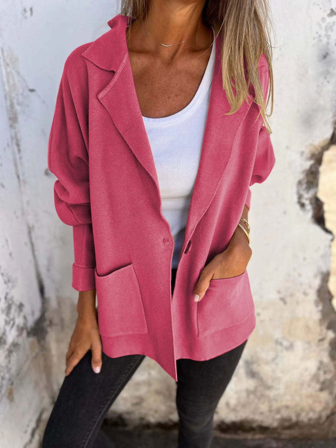 Damen Lässiger Oversize-Blazer mit praktischen Taschen und Knopfverschluss EB