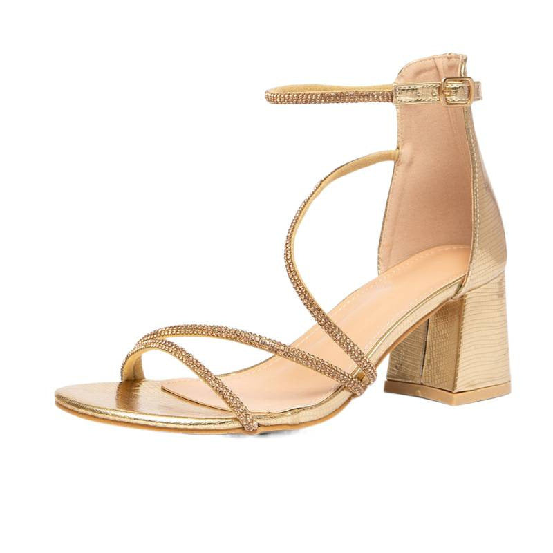Damen elegante Sandalen mit funkelnden Riemchen und stabilen Blockabsätzen EB