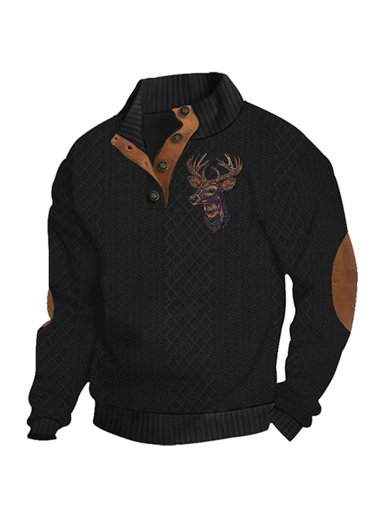 Herren nan Heritage-Strukturpullover mit Stehkragen Lederimitat-Besatz Ellenbogen-Patches und Halbknopfleiste EB