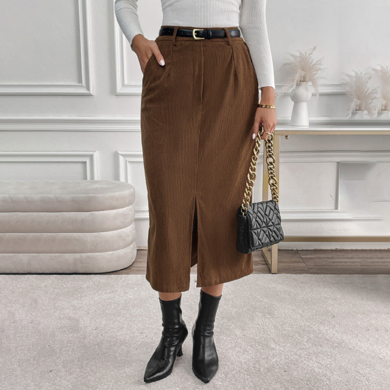 Damen Cord-Midirock mit hohem Bund, Eingrifftaschen und mittigem Schlitz EB