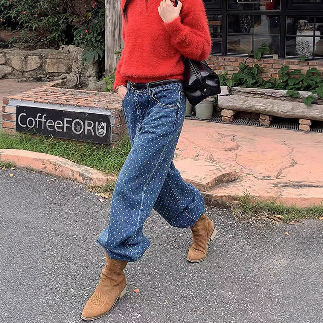 Damen nan hochgeschnittene weite Denimhose mit durchgehendem Punktmuster und klassischem Taschen-Design EB