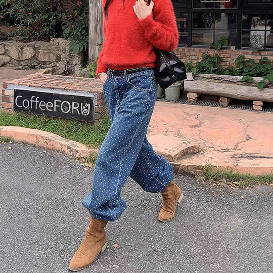 Damen nan hochgeschnittene weite Denimhose mit durchgehendem Punktmuster und klassischem Taschen-Design EB