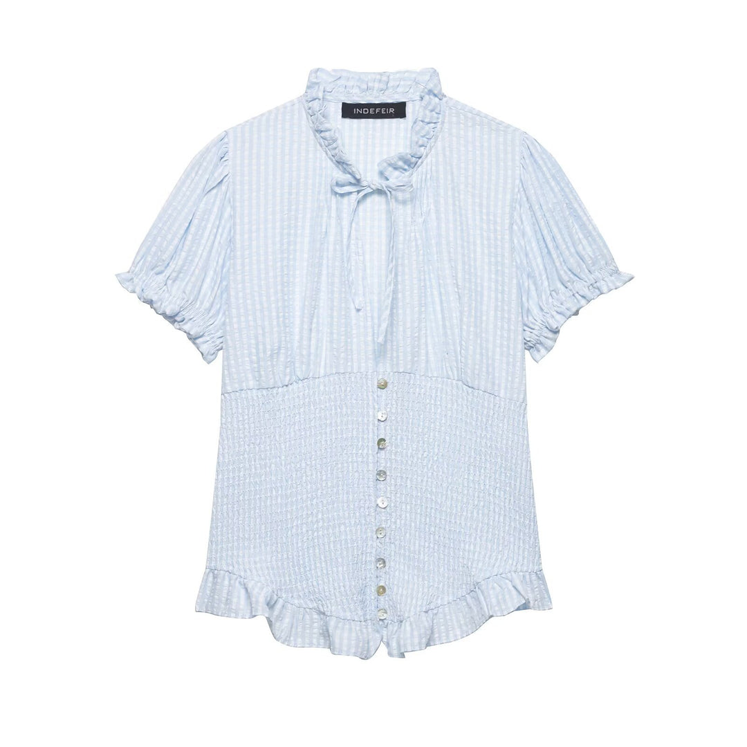 Damen Rüschenbluse mit geschlitztem Kragen und Knopfdetails EB