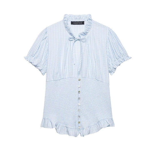 Damen Rüschenbluse mit geschlitztem Kragen und Knopfdetails EB