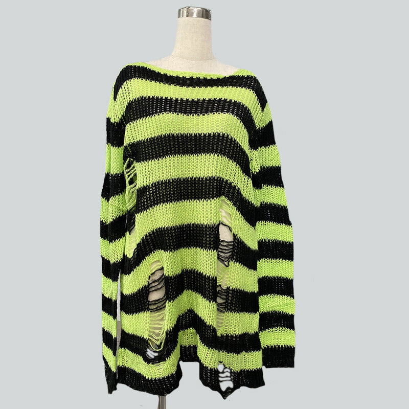 Damen nan Oversized Grobstrickpullover mit breiten Blockstreifen und aufgerissenem Design EB