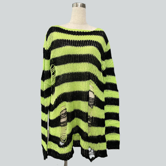 Damen nan Oversized Grobstrickpullover mit breiten Blockstreifen und aufgerissenem Design EB