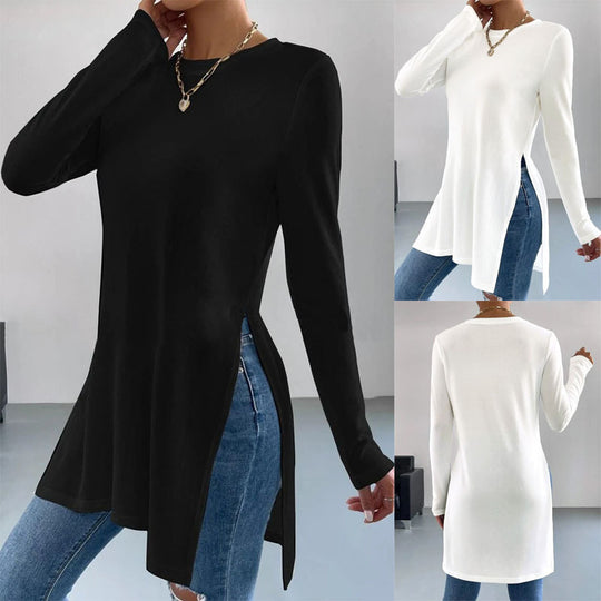 Damen Oversized Longsleeve mit seitlichen Schlitzen und Rundhalsausschnitt EB