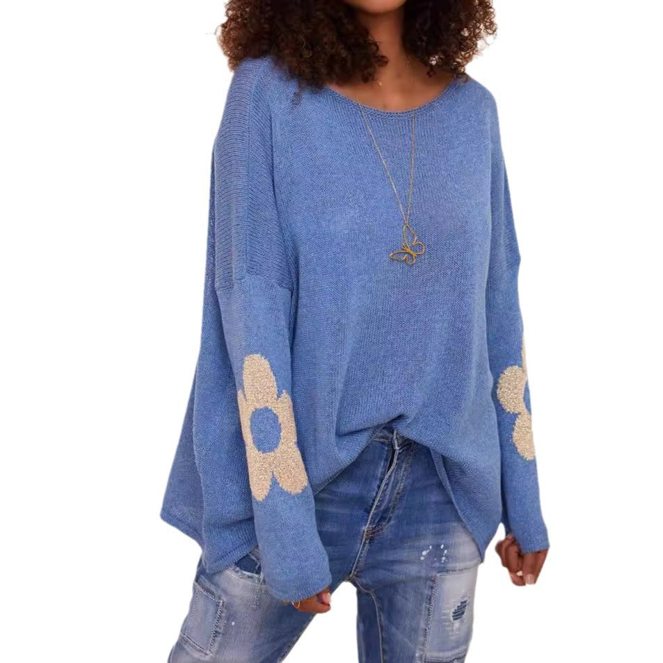 Damen grob gestrickter Pullover mit floralem Design und weitem Schnitt EB