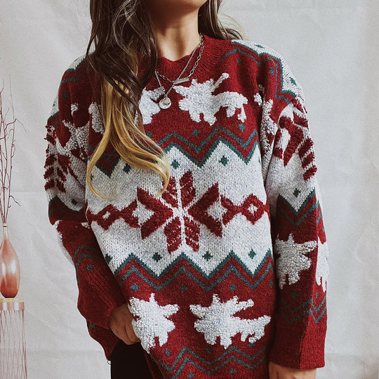 Damen festlicher Strickpullover mit weihnachtlichem Design und hohem Kragen EB
