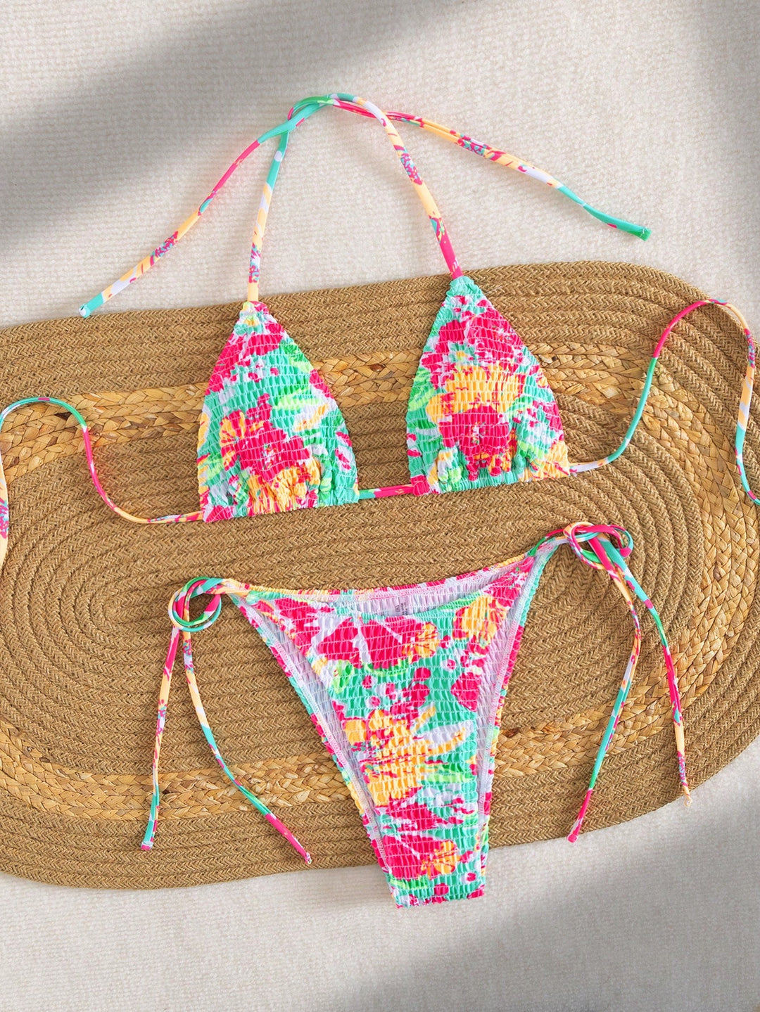 Damen Triangel-Bikini mit buntem Blumenmuster und verstellbarem Bindeband EB