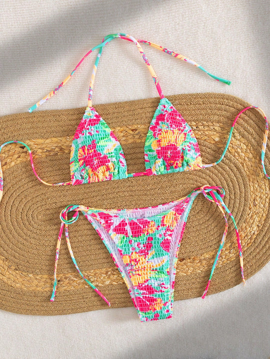 Damen Triangel-Bikini mit buntem Blumenmuster und verstellbarem Bindeband EB