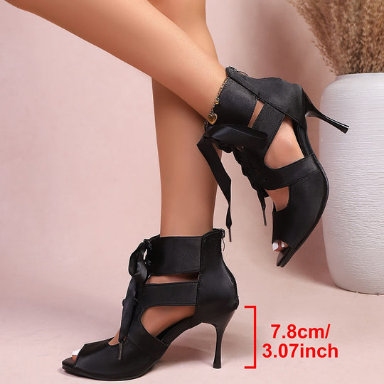 Damen Offene High Heel Sandalen mit raffiniertem Schnürdesign und elegantem Satin EB