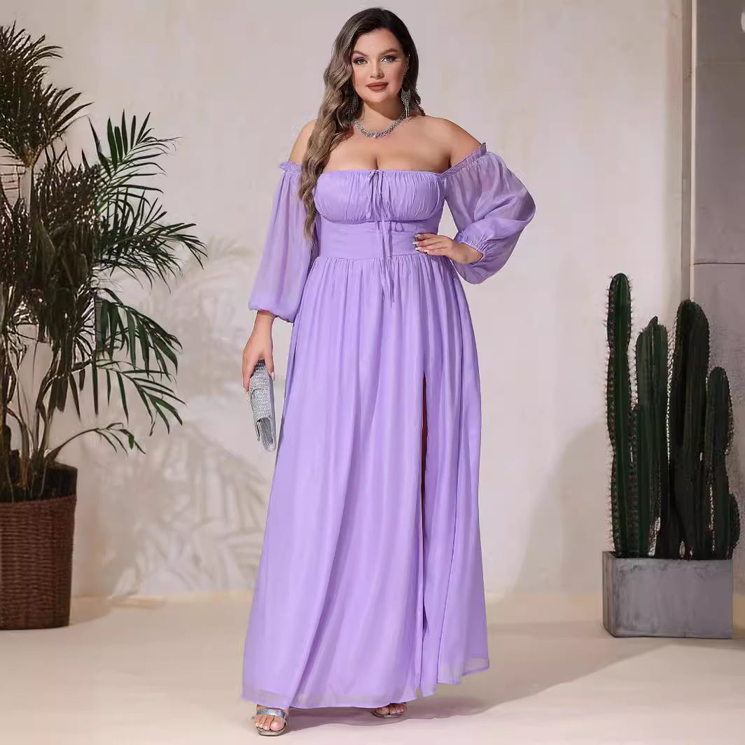 Damen Off-Shoulder Maxikleid mit hohem Schlitz und Rüschendetails EB