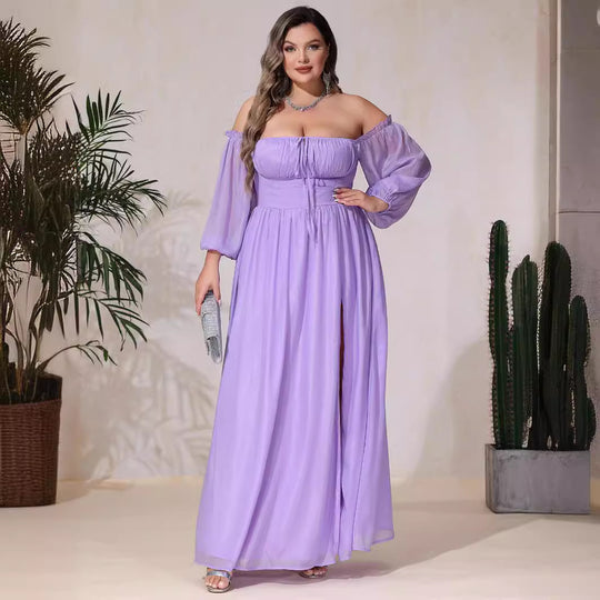 Damen Off-Shoulder Maxikleid mit hohem Schlitz und Rüschendetails EB