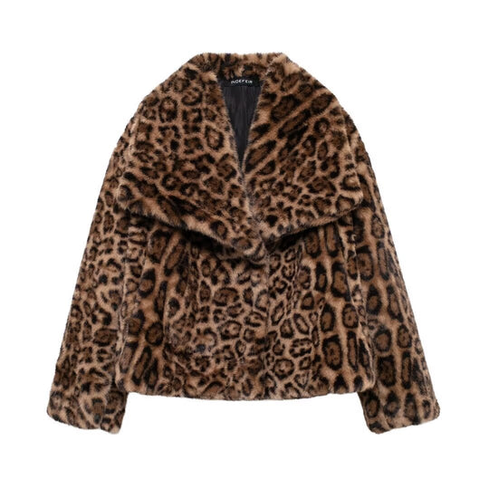 Damen nan kurze Kunstfelljacke mit Wildmuster, V-Ausschnitt und taillierter Silhouette EB