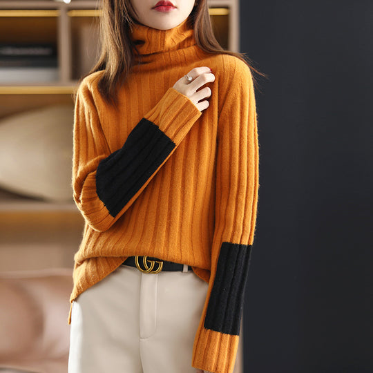 Damen Grob gestrickter Rollkragenpullover mit modischem Streifenmuster EB