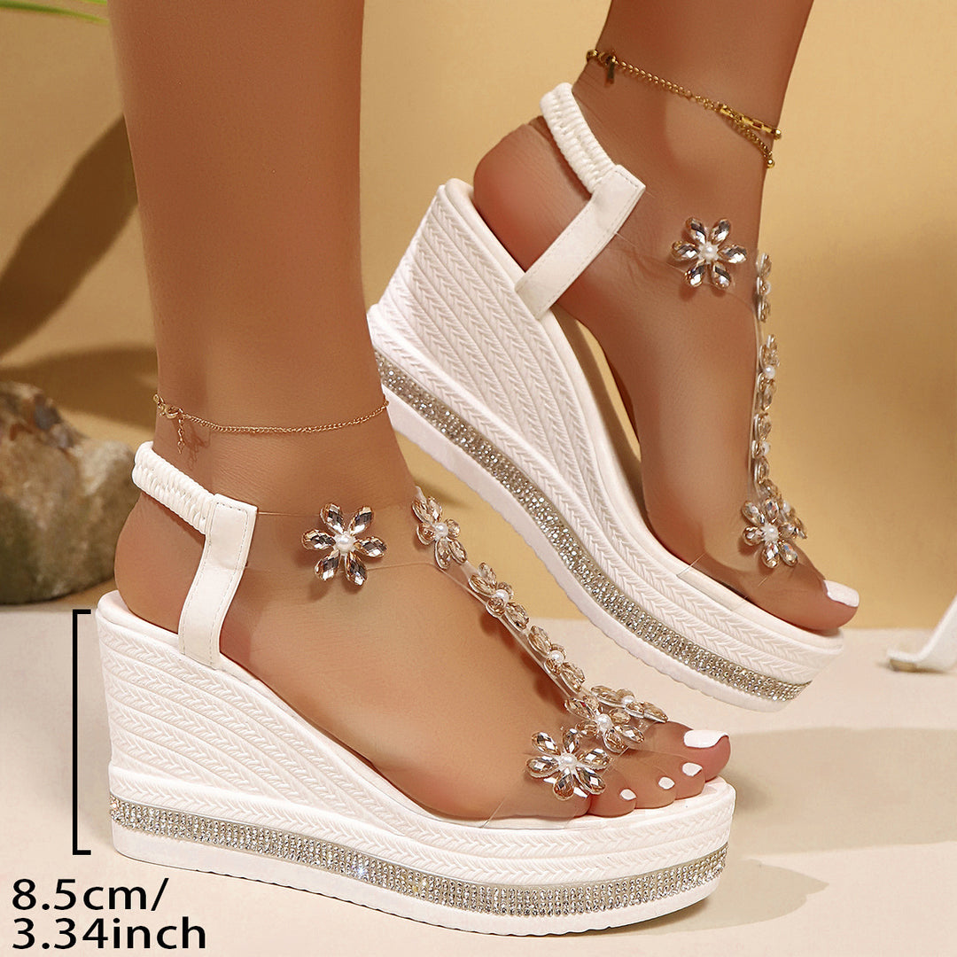 Damen Wedge-Sandaletten mit funkelnden Blütenapplikationen und elegantem Plateau EB