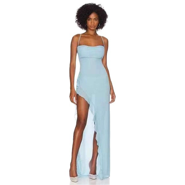Damen elegantes Maxi-Kleid mit verführerischem Scherenschnitt und trägerlosem Design EB