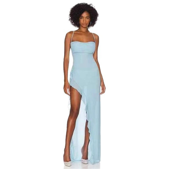 Damen elegantes Maxi-Kleid mit verführerischem Scherenschnitt und trägerlosem Design EB