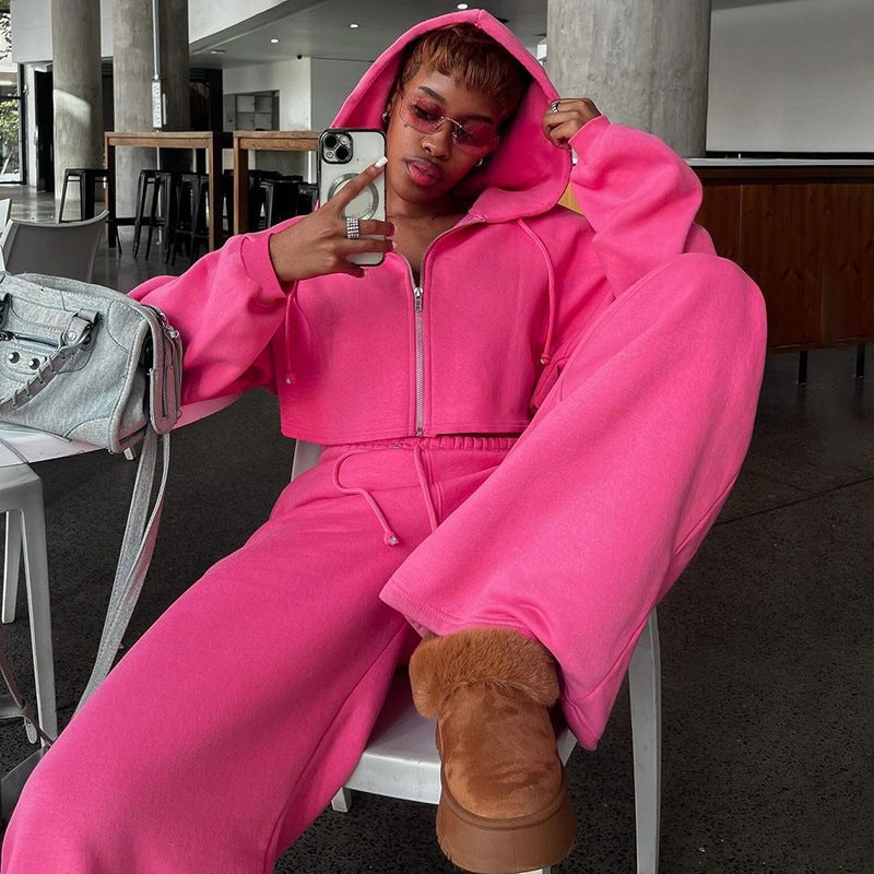 Damen Sportliches Hoodiekombination mit cropped Oberteil und weiten Hosen EB
