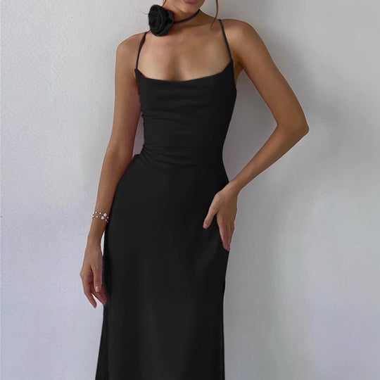Damen Elegantes Bodenkotan Maxi-Kleid mit schmalen Spaghetti-Trägern und tiefem Ausschnitt EB