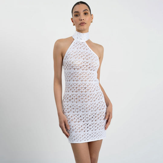 Damen Häkel-Minikleid mit hohem Kragen EB