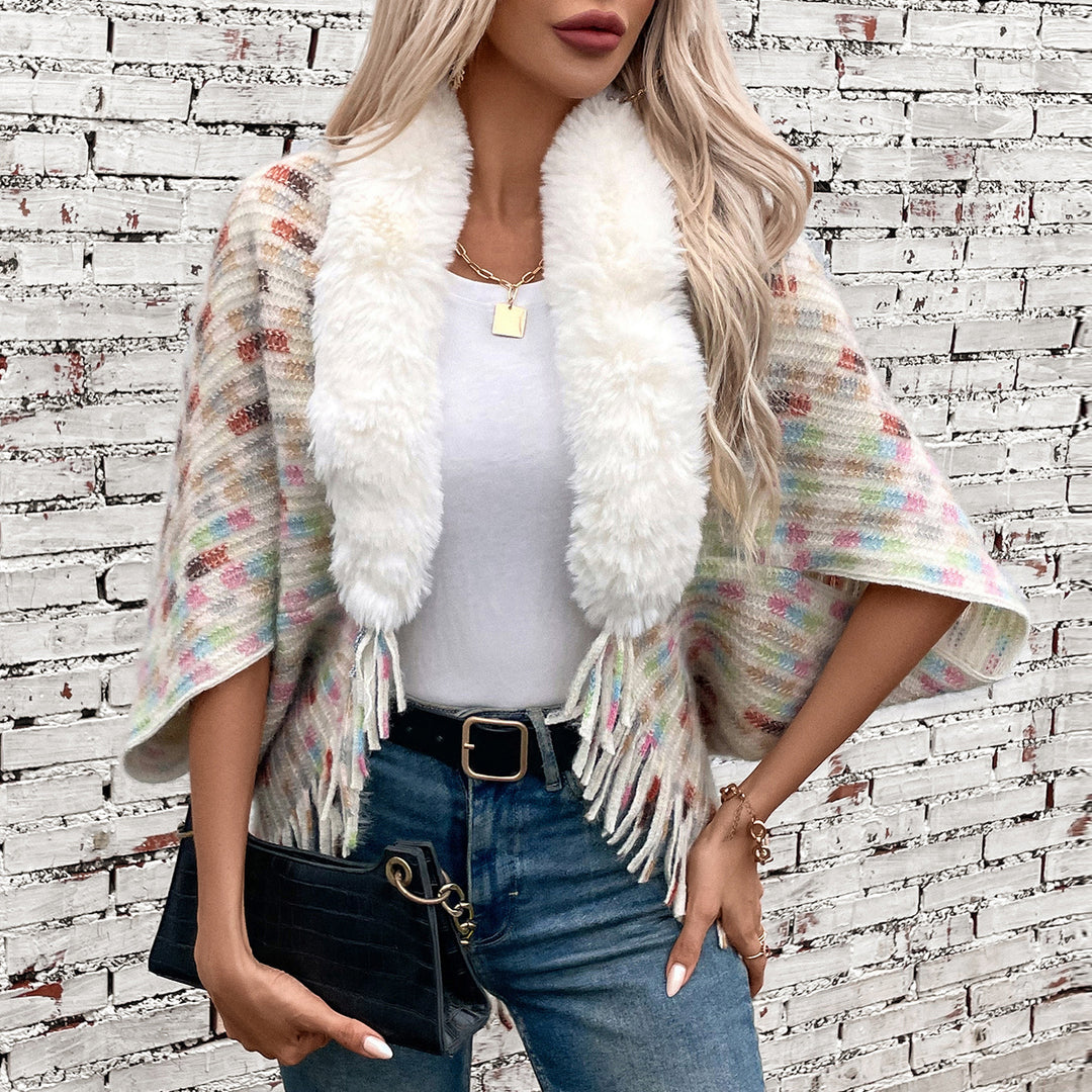 Damen eleganter Poncho mit luxuriösem Kunstfellkragen und Fransen EB