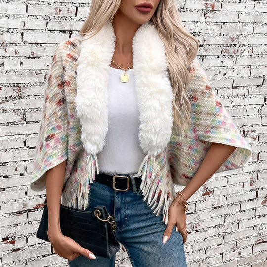 Damen eleganter Poncho mit luxuriösem Kunstfellkragen und Fransen EB