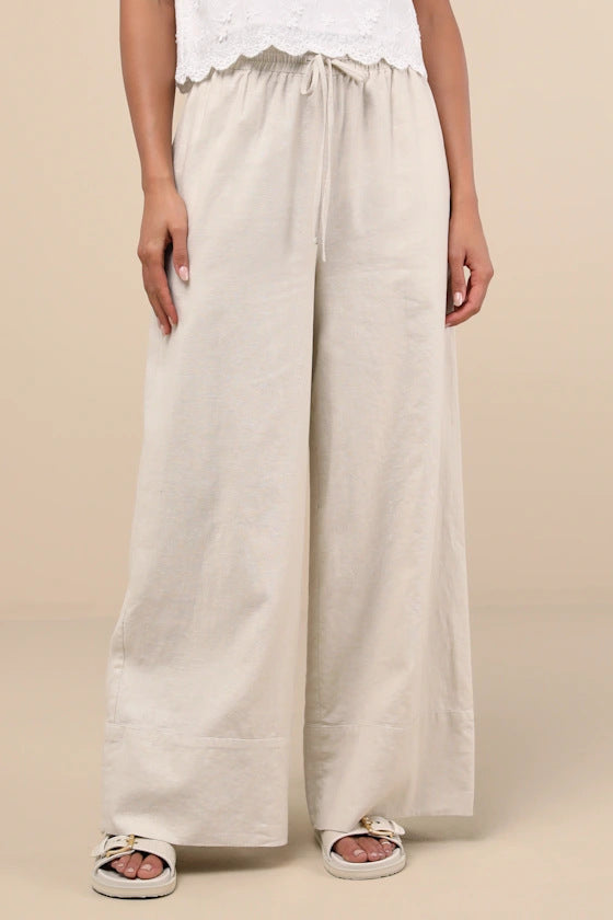 Damen Weite Leinenhose mit elastischem Bund und seitlichen Taschen EB