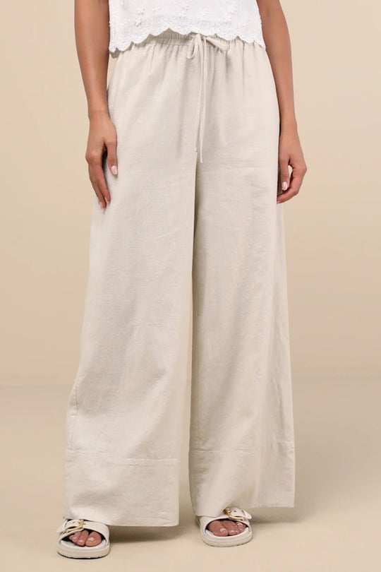 Damen Weite Leinenhose mit elastischem Bund und seitlichen Taschen EB